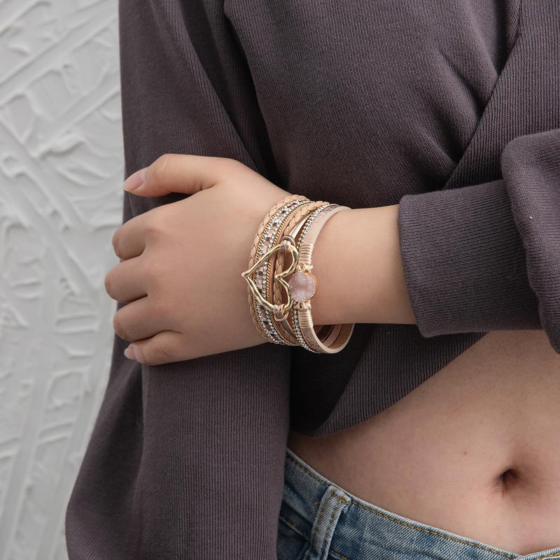 Rantanto Braid Leather Wrap Bracelet Trendy Stackable Crystal Cuff Boho Gold Heart Bracelet Jewelry Gift For Women - Image 4